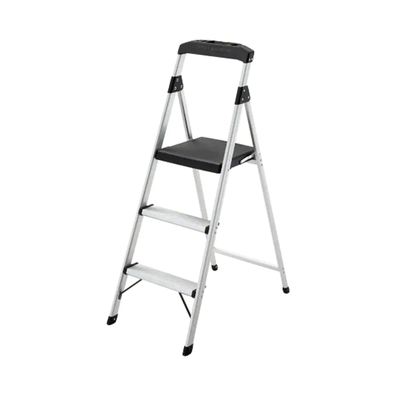 The Go Build 3-Step Aluminum Step Stool Ladder with 250 lbs. Type I Duty Rating features a black platform step and sturdy handle, set against a white background. Brand: Go Build, The Fastest Way To Build.